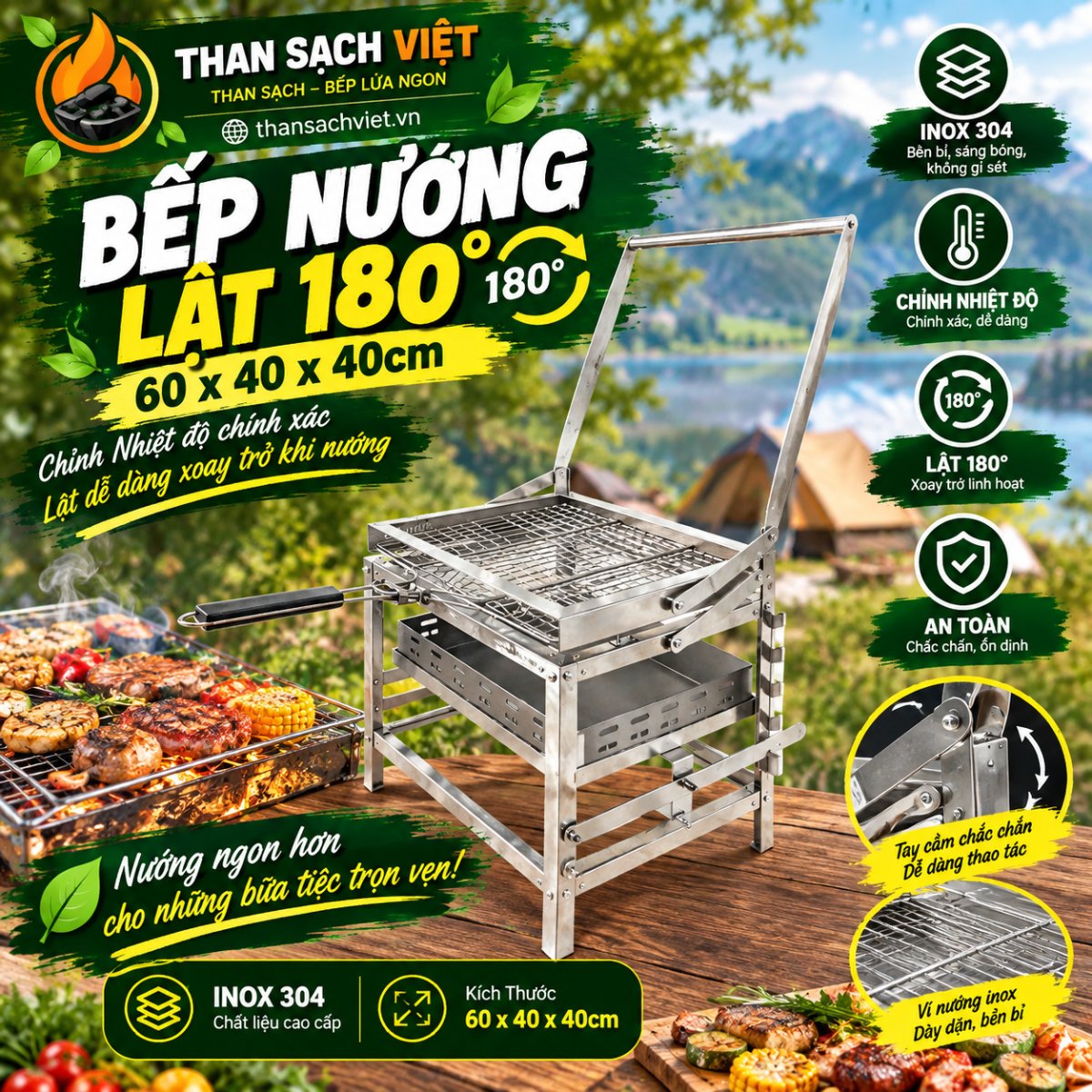 Bếp nướng lật 180° 60x40x40cm