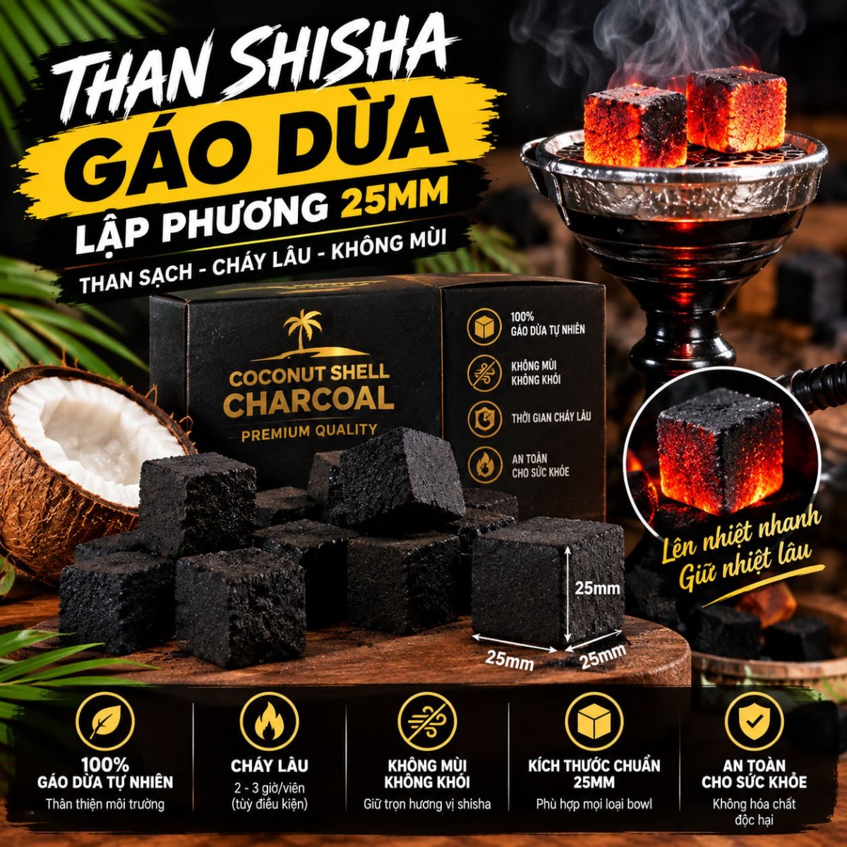 Coconut shell shisha charcoal cubes 25mm